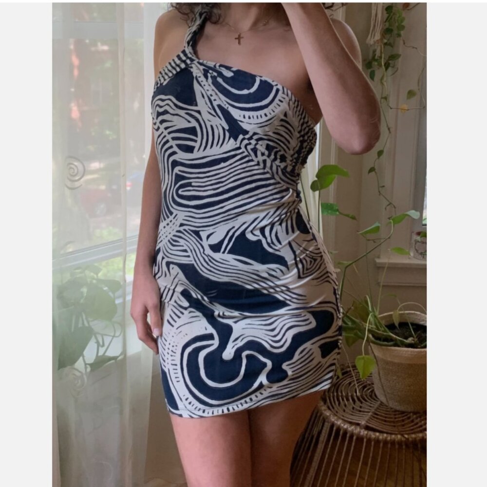Navy & White Knotted One Shoulder Bodycon Mini Dress Nautical Coastal Vibe